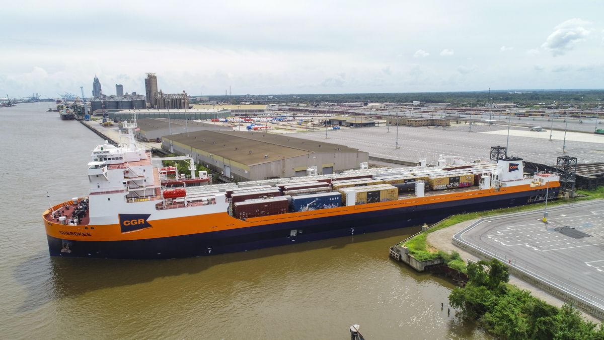 The Cherokee, the newest rail ferry in operation at CG Railway, LLC, sits at dock with loaded railcars.