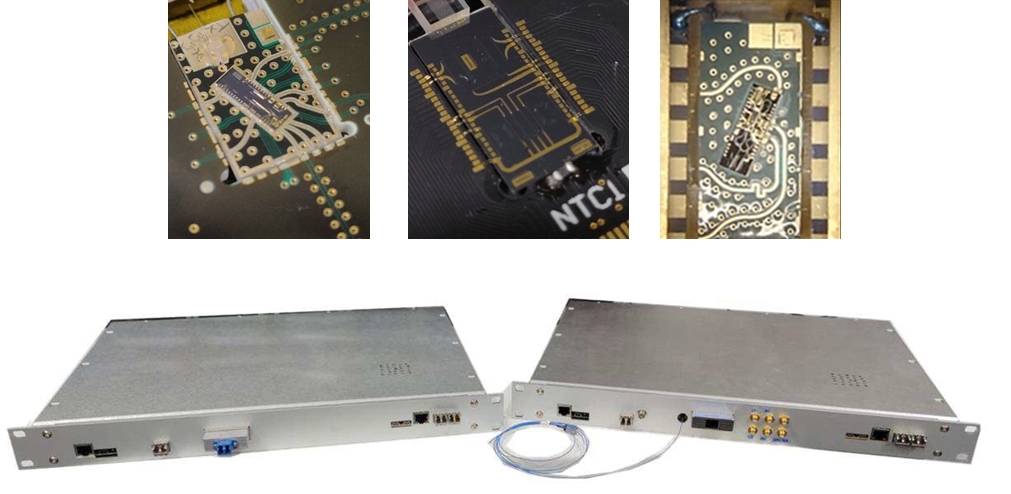 Prototype optical integrated circuit and chip-based quantum cryptography communication system. (Top row, from left: quantum transmitter chip, quantum receiver chip, quantum random number generator chip. Bottom row: Chip-based quantum cryptography communication system)