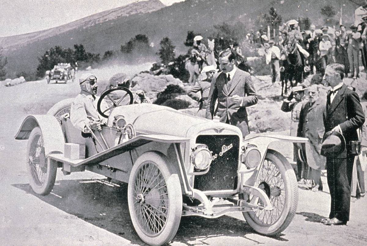 His Majesty the King of Spain Alfonso XIII behind the wheel of the Hispano Suiza bearing his name