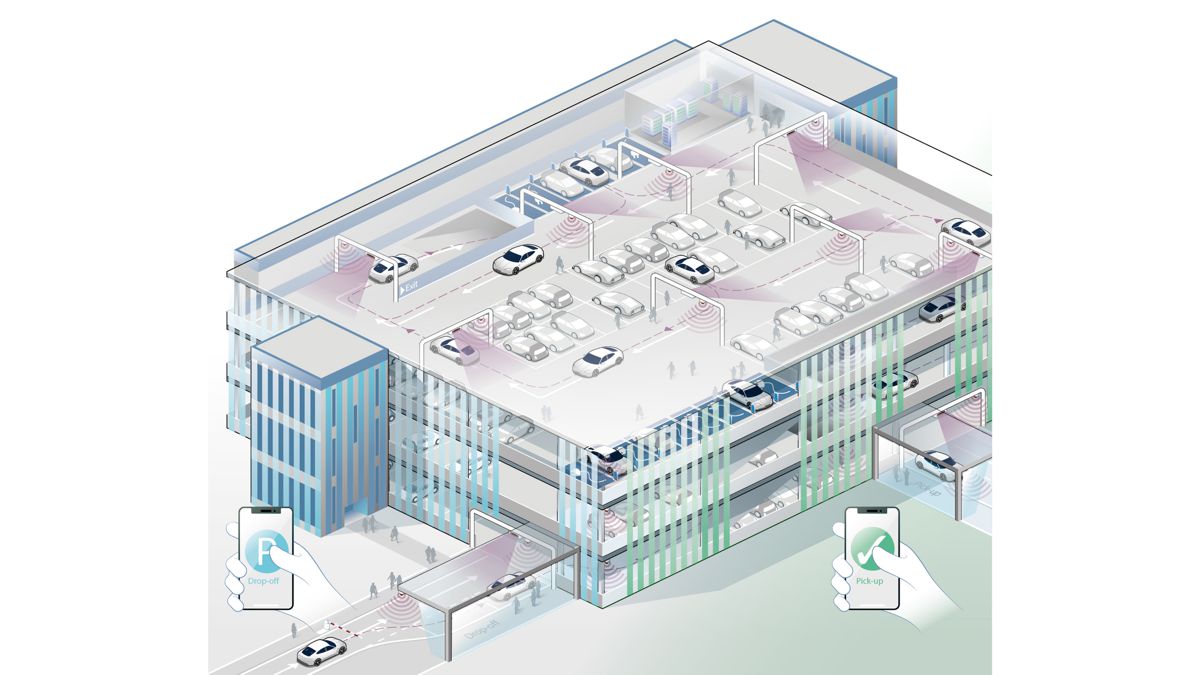 The parking garage of the future: automated charging and parking. Illustration by Andrew Timmins.