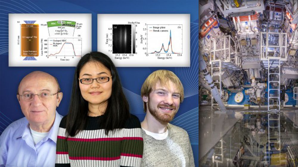 From left: PPPL physicists Ken Hill, Lan Gao, and Brian Kraus; image of the National Ignition Facility. Collage courtesy of Kiran Sudarsanan / PPPL Office of Communications